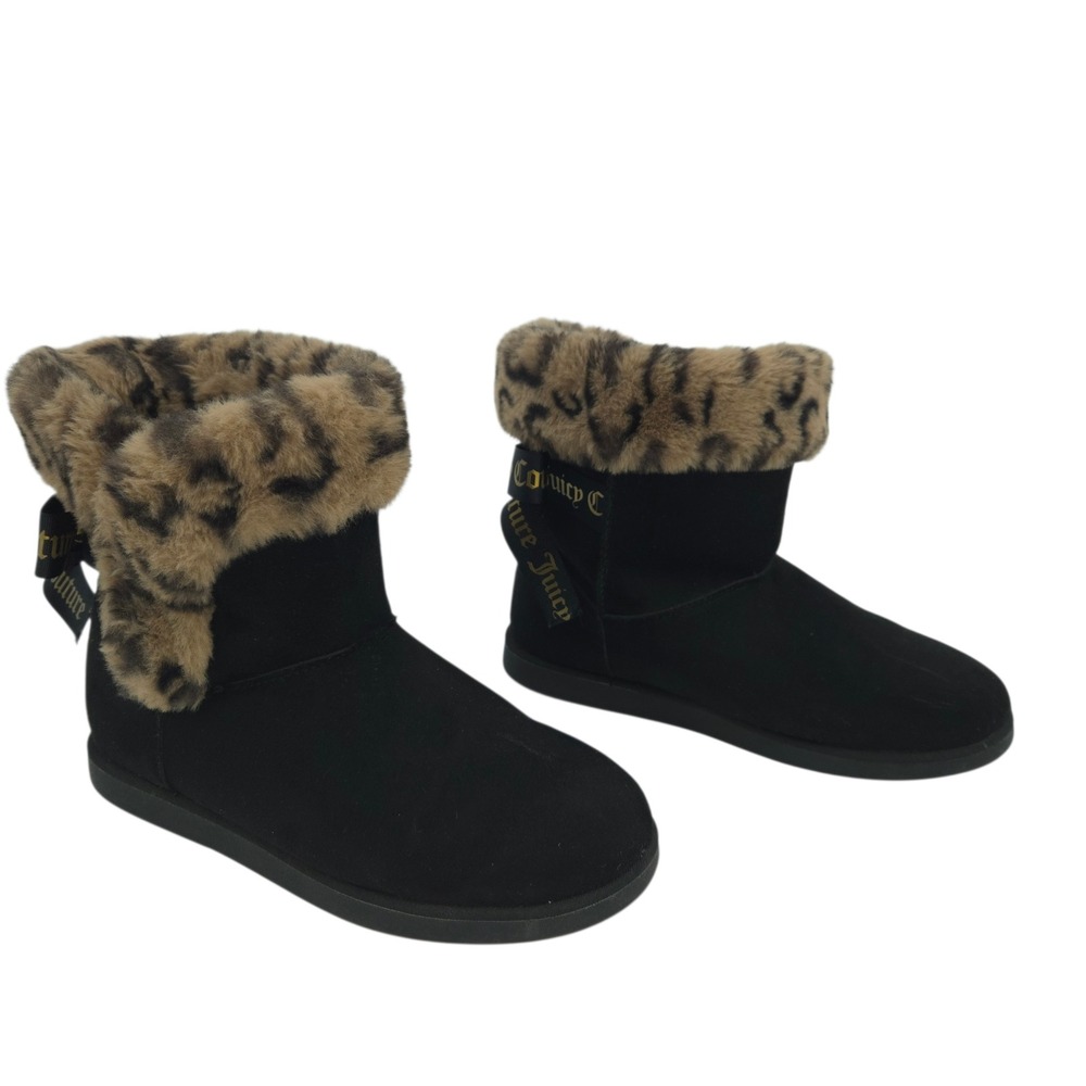 Juicy Couture Winter Boots Womens 10 Black Faux Fur Leopard Bow Suede